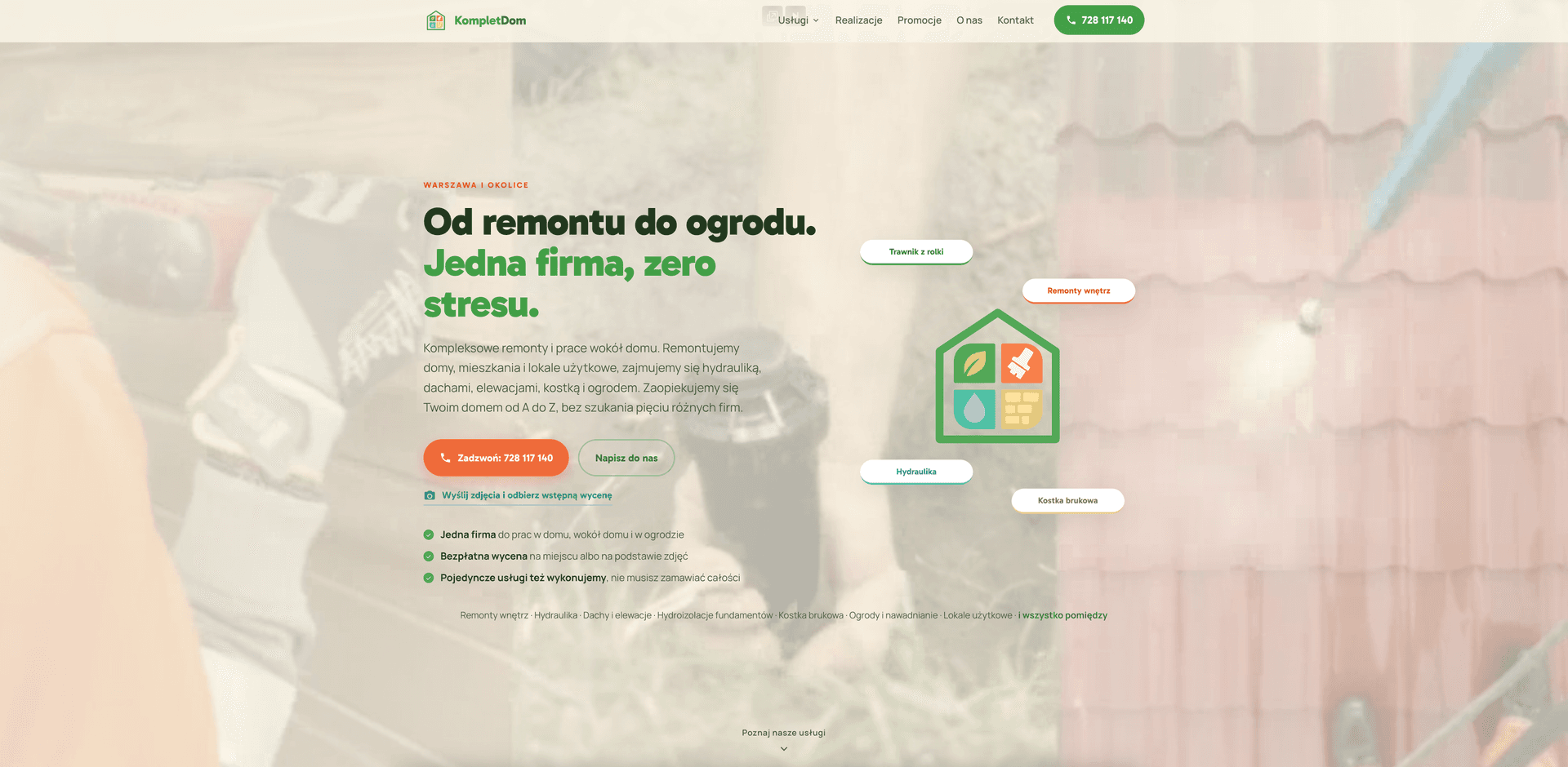 Nowoczesna strona internetowa dla firmy remontowo-usługowej z Warszawy - KompletDom